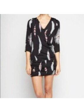 Line & Dot Surplice Ruched Feather Dress Black Small